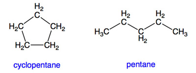 chemical structures of cyclopentane and pentane