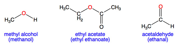 chemcial structures of methyl alcohol, ethyl acetate, and acetaldehyde